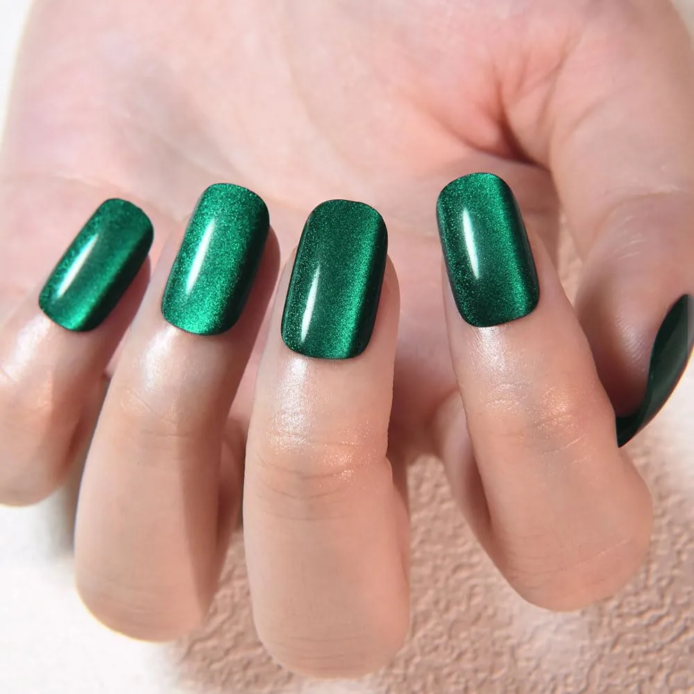 evpct Dark Emerald Green Metallic Cat Eye Press on Nails Square Medium, Stick on Nails Medium Length Square for Women, Green Metallic Nail press ons, Iridescent Glitter Acrylic Fake Press on Nail