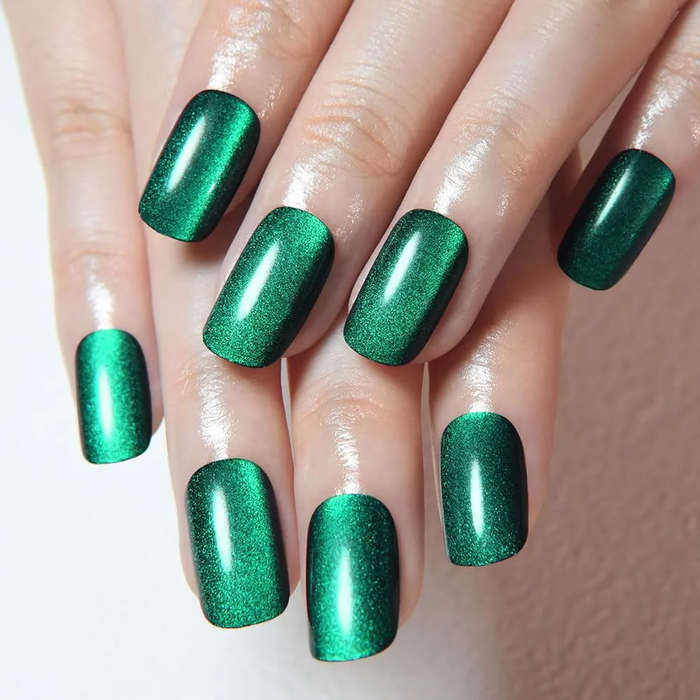 evpct Dark Emerald Green Metallic Cat Eye Press on Nails Square Medium, Stick on Nails Medium Length Square for Women, Green Metallic Nail press ons, Iridescent Glitter Acrylic Fake Press on Nail