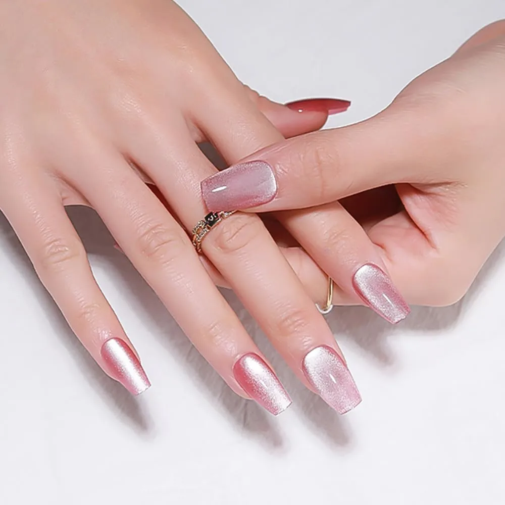 evpct No Glue Pink Cat Eye Press on Nails Square Medium Coffin, Medium Square Stick on Nails for Women, Plum Pink Metallic Glitter Glossy Reusable Spring Summer Press on Acrylic Fake Nail with Design