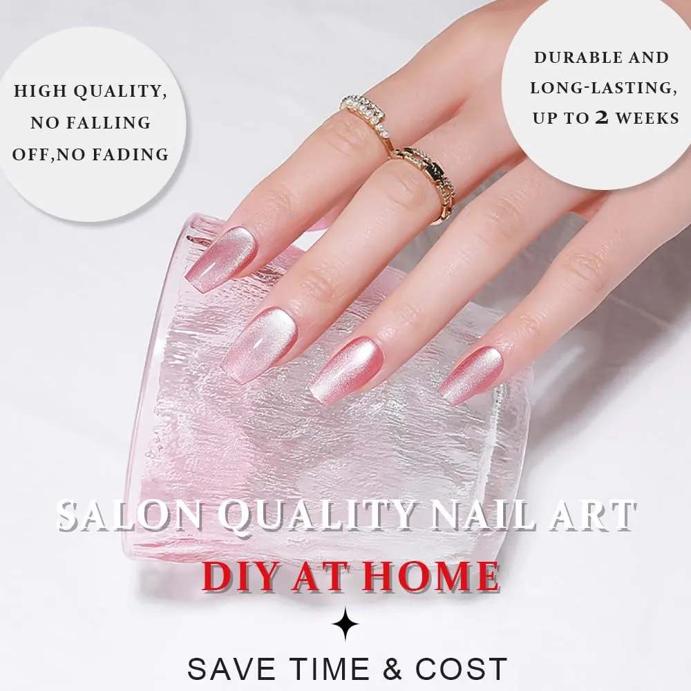 evpct No Glue Pink Cat Eye Press on Nails Square Medium Coffin, Medium Square Stick on Nails for Women, Plum Pink Metallic Glitter Glossy Reusable Spring Summer Press on Acrylic Fake Nail with Design