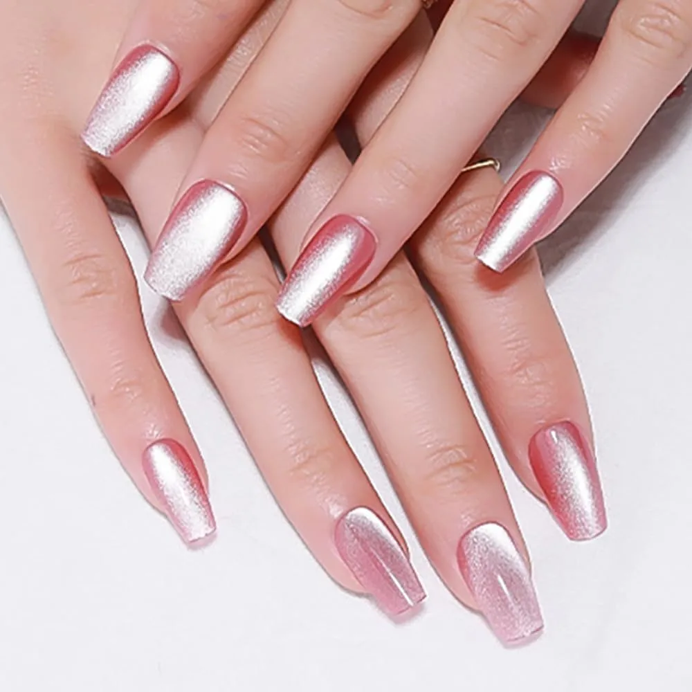 evpct No Glue Pink Cat Eye Press on Nails Square Medium Coffin, Medium Square Stick on Nails for Women, Plum Pink Metallic Glitter Glossy Reusable Spring Summer Press on Acrylic Fake Nail with Design
