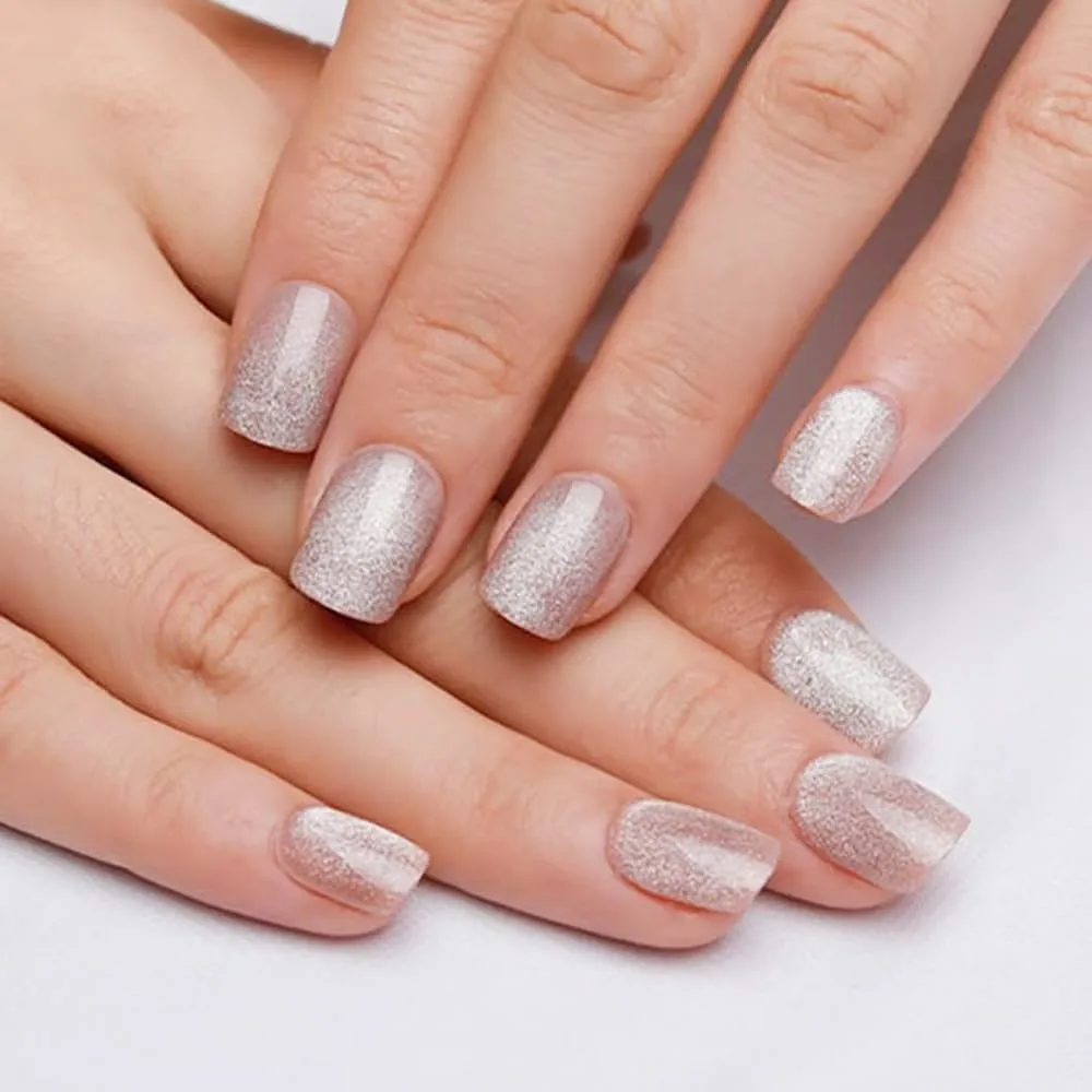 evpct Nude Cat Eye Extra Short Press on Nails Square No Glue, Petite Short Square Stick on Nails for Women, Champagne Metallic Glitter Glossy Reusable Soft Press on Acrylic Fake Nail with Designs