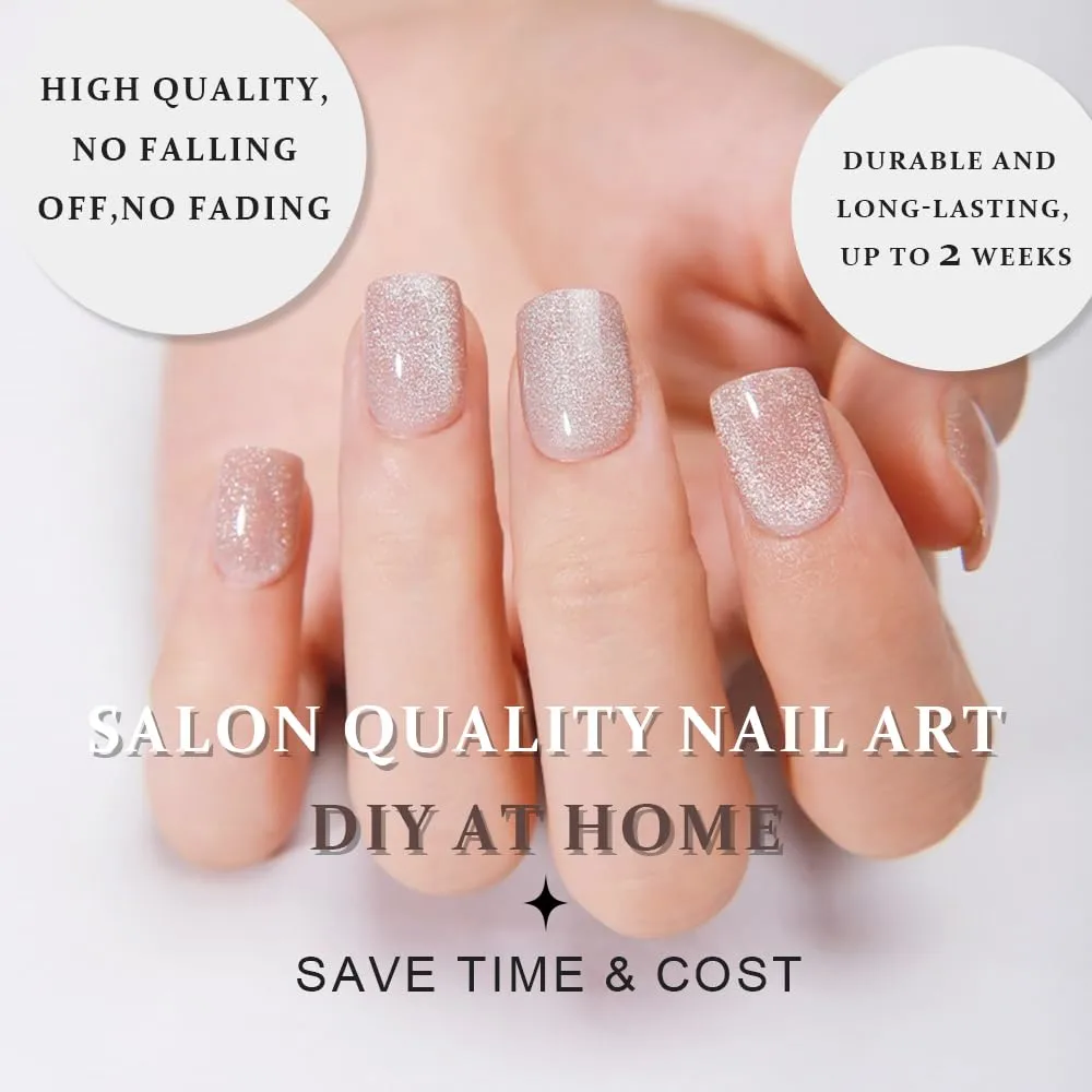 evpct Nude Cat Eye Extra Short Press on Nails Square No Glue, Petite Short Square Stick on Nails for Women, Champagne Metallic Glitter Glossy Reusable Soft Press on Acrylic Fake Nail with Designs