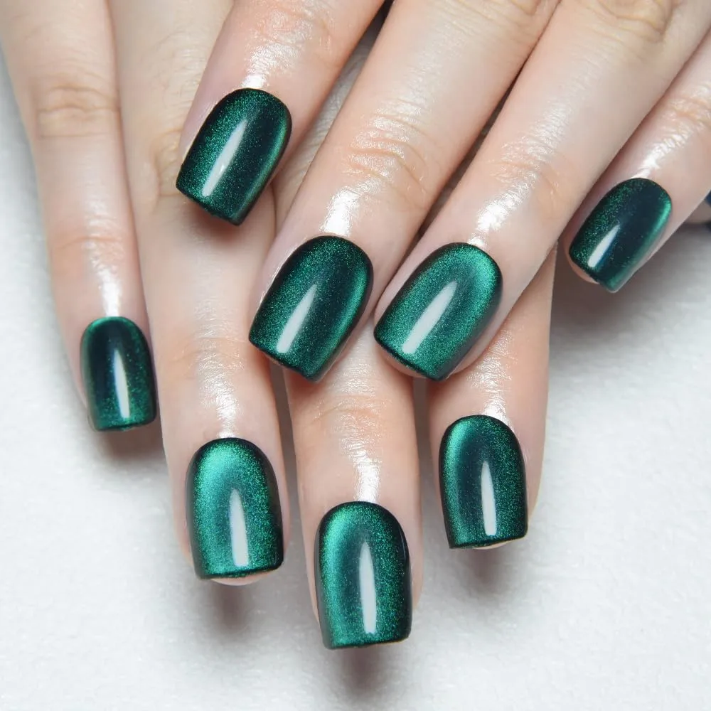evpct Green Cat Eye Extra Short Press on Nails Square, Petite Short Square Stick on Nails for Women Gift, Emerald Green Metallic Glitter Glossy Reusable Gel Press on Acrylic Fake Nail with Designs