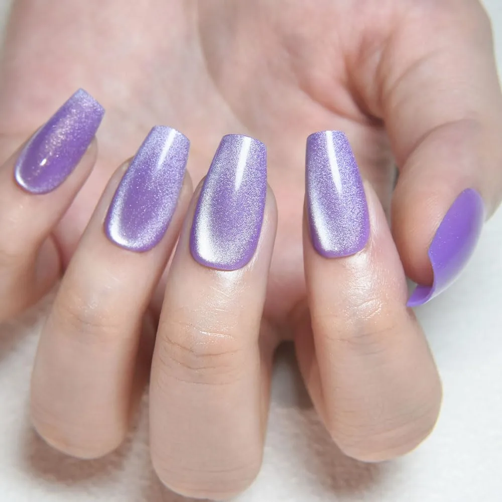 evpct No Glue Violet Purple Cat Eye Coffin Press on Nails Square Medium, Medium Square Stick on Nail for Women, Purple Metallic Glitter Glossy Reusable Soft Press on Acrylic Fake Nail with Designs