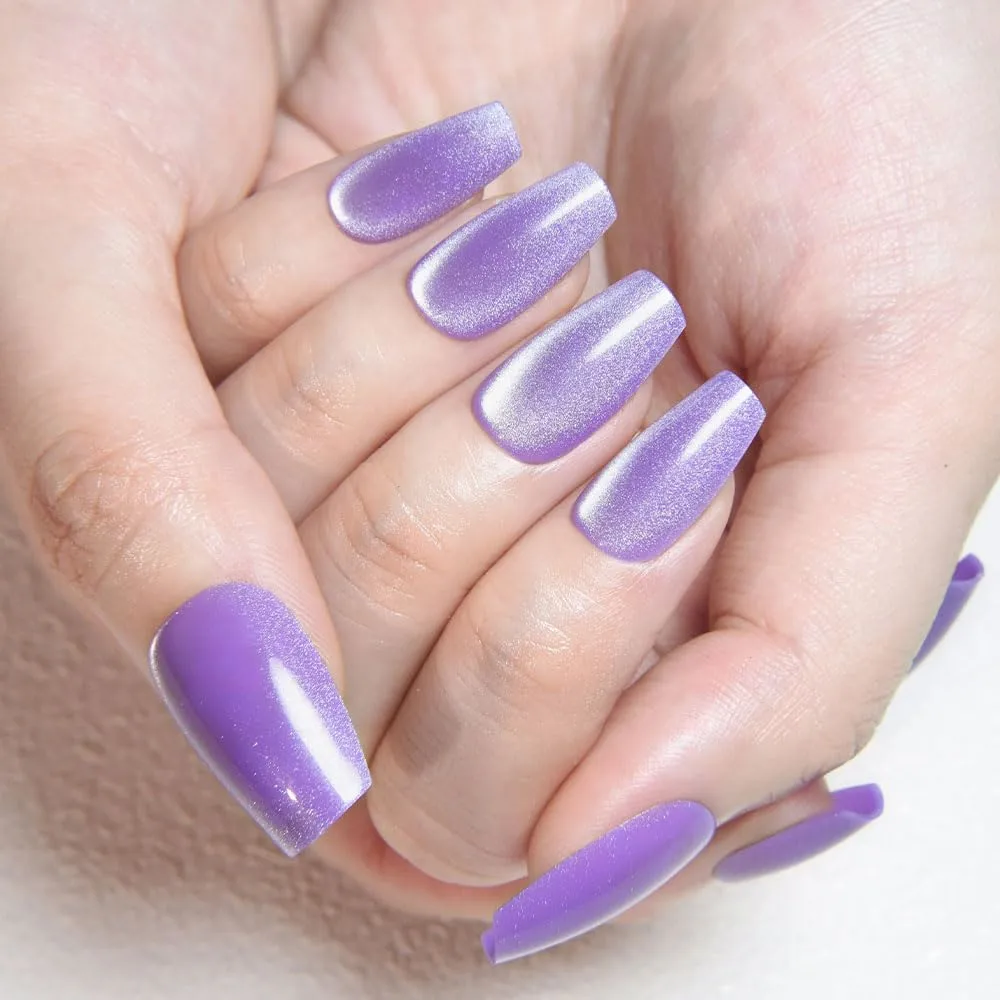 evpct No Glue Violet Purple Cat Eye Coffin Press on Nails Square Medium, Medium Square Stick on Nail for Women, Purple Metallic Glitter Glossy Reusable Soft Press on Acrylic Fake Nail with Designs