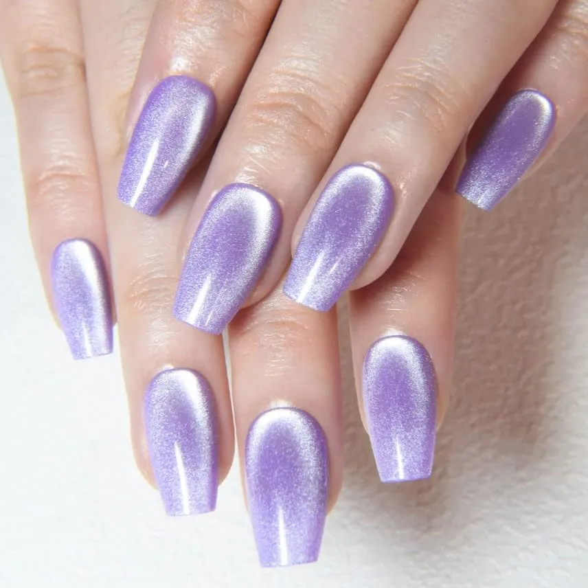 evpct No Glue Violet Purple Cat Eye Coffin Press on Nails Square Medium, Medium Square Stick on Nail for Women, Purple Metallic Glitter Glossy Reusable Soft Press on Acrylic Fake Nail with Designs