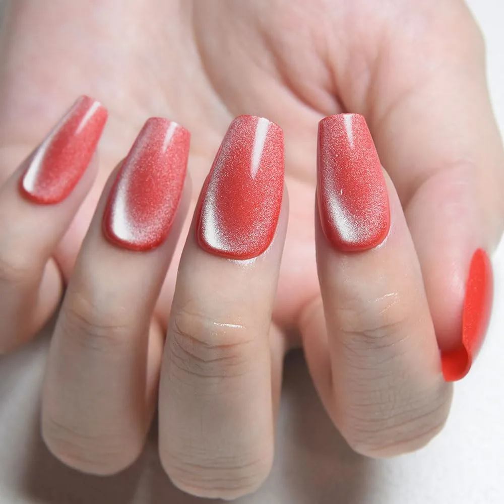 evpct No Glue Red Pink Cat Eye Coffin Press on Nails Square Medium, Medium Square Stick on Nail for Women, Red Pink Metallic Glitter Glossy Reusable Summer Soft Press on Acrylic Fake Nail with Design
