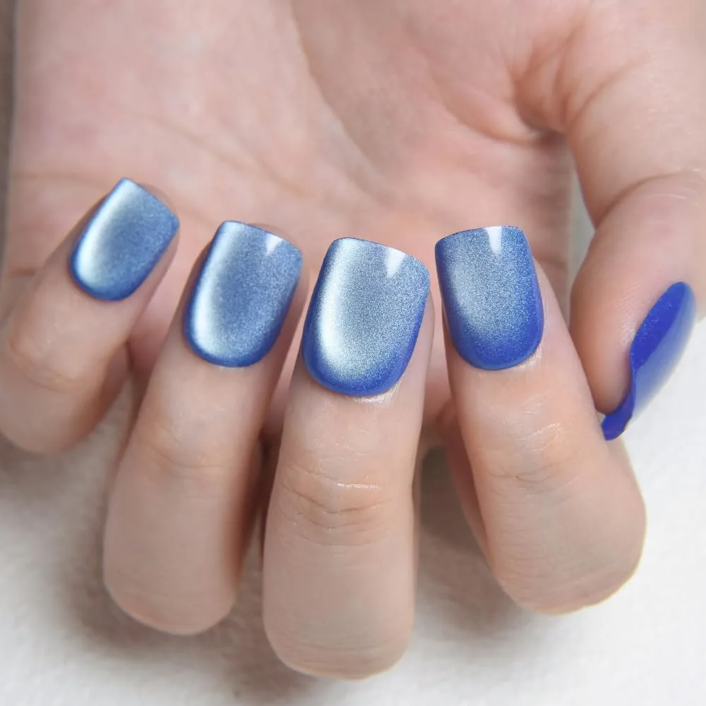 evpct Blue Cat Eye Extra Short Press on Nails Square No Glue, Petite Short Square Stick on Nails for Women, Light Sky Blue Metallic Glitter Glossy Reusable Press on Acrylic Fake Nail with Designs