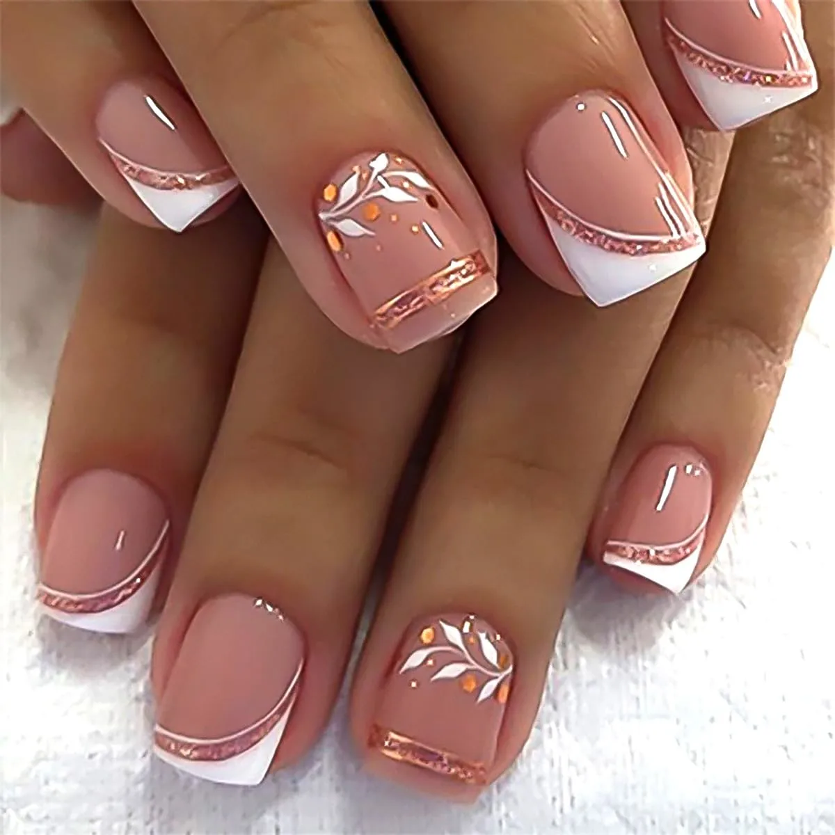 French Press On Nails Short Square, Nude Fake Nails with White French Tip and Minimalist Purple and Gold Line Design, Glossy Gel Finish Acrylic Nails, Natural Reusable Glue On Nails for Women 30Pcs