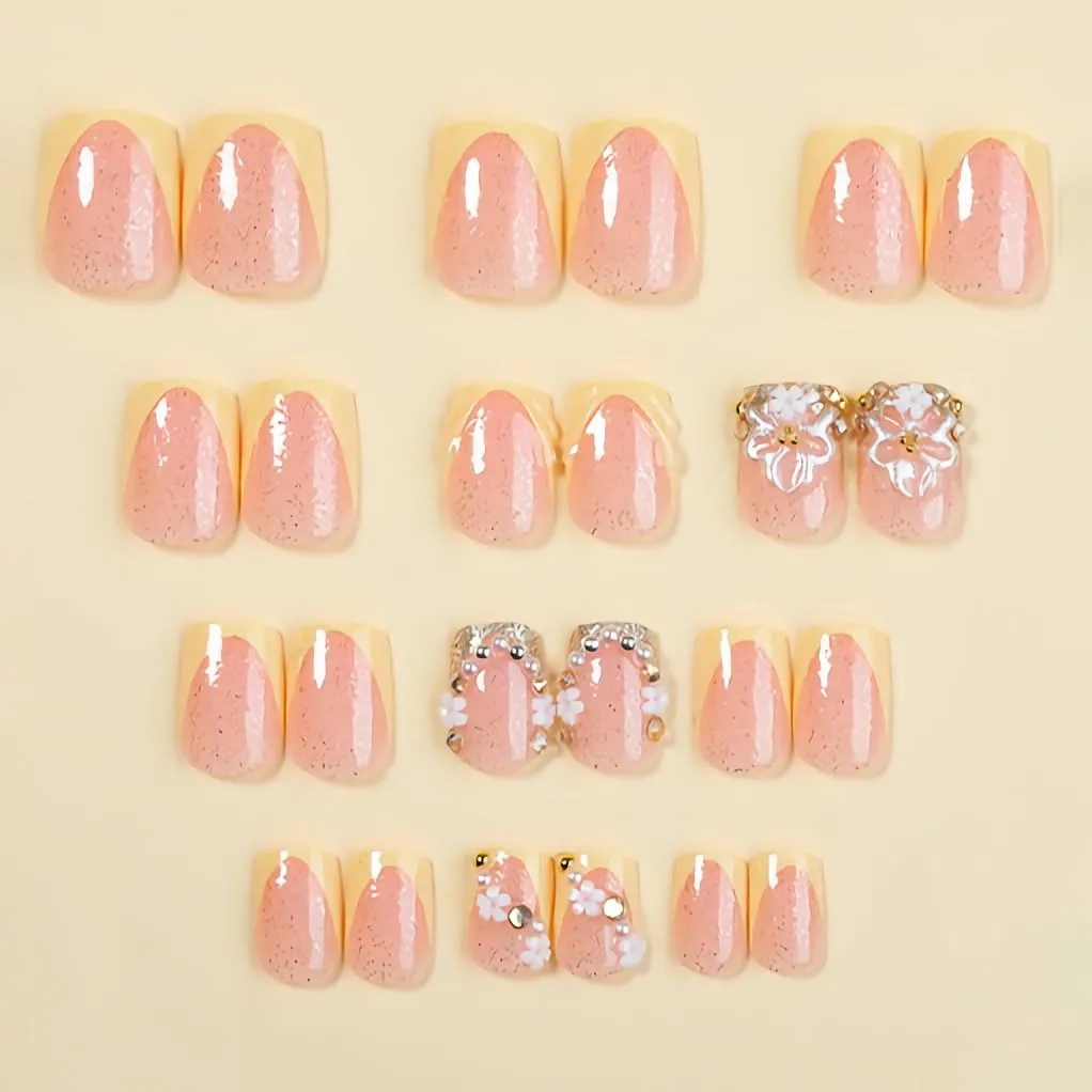 BABALAL Press On Nails, Short Square Fake Nails, Yellow French Tip, 3D Flower & Pearl Charm Design, Glitter Bling Full Cover Glue On Nails For Women And Girls 24Pcs Summer