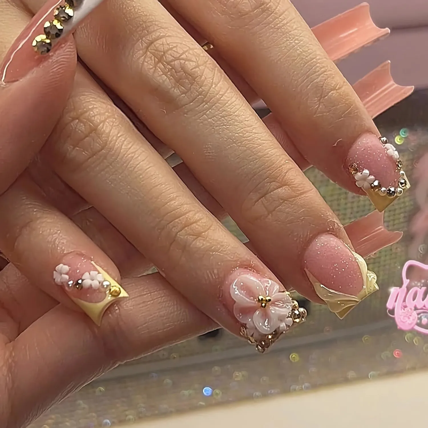BABALAL Press On Nails, Short Square Fake Nails, Yellow French Tip, 3D Flower & Pearl Charm Design, Glitter Bling Full Cover Glue On Nails For Women And Girls 24Pcs Summer