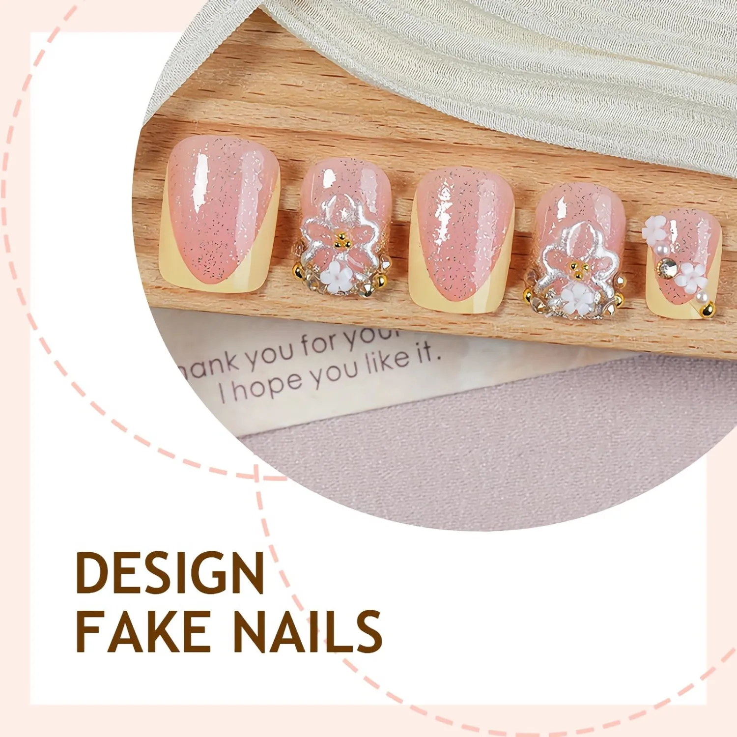 BABALAL Press On Nails, Short Square Fake Nails, Yellow French Tip, 3D Flower & Pearl Charm Design, Glitter Bling Full Cover Glue On Nails For Women And Girls 24Pcs Summer
