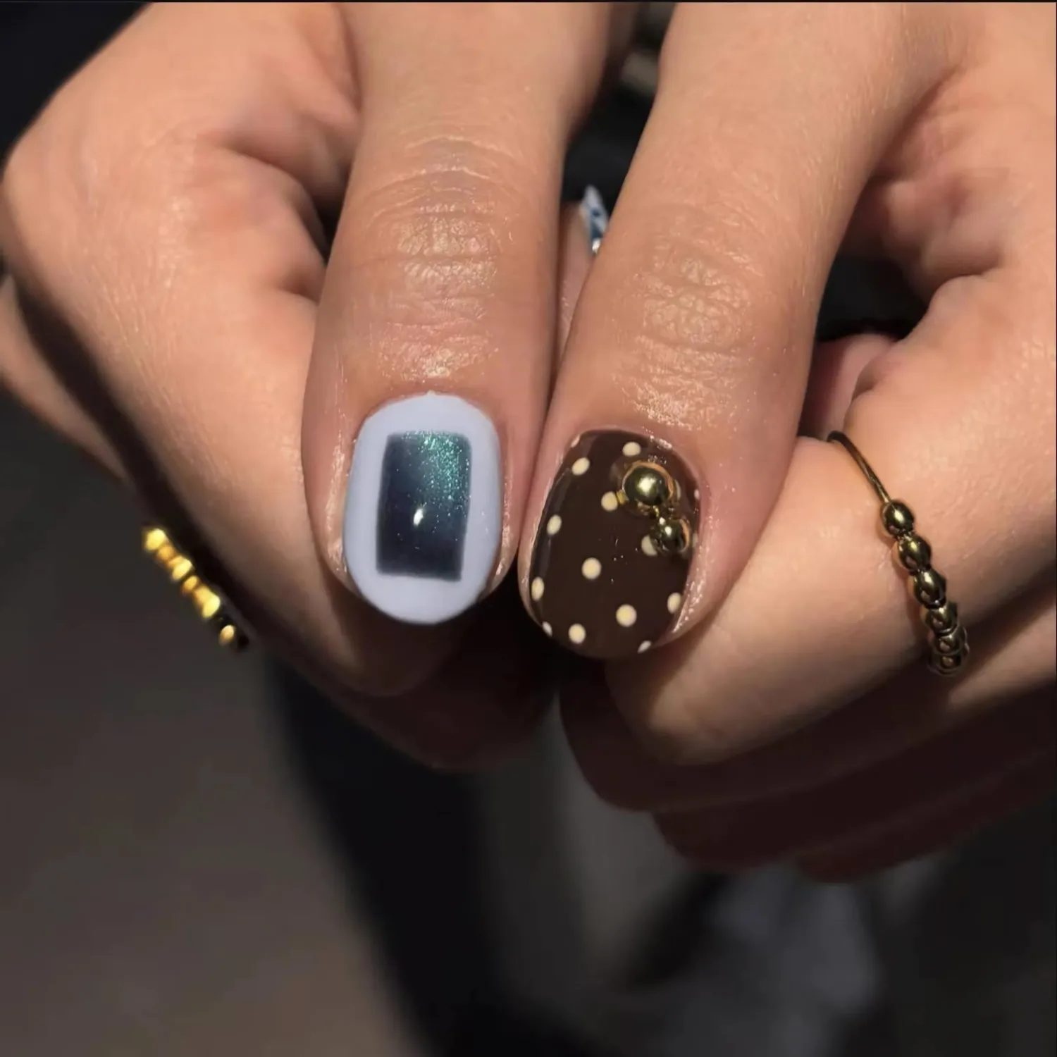 BABALAL Polka Dot Press on Nails Short Square Fake Nails - Brown Green Blue 3D Design, Cat Eye Bling, Y2k Anime Plaid Acrylic, 24Pcs False Nails