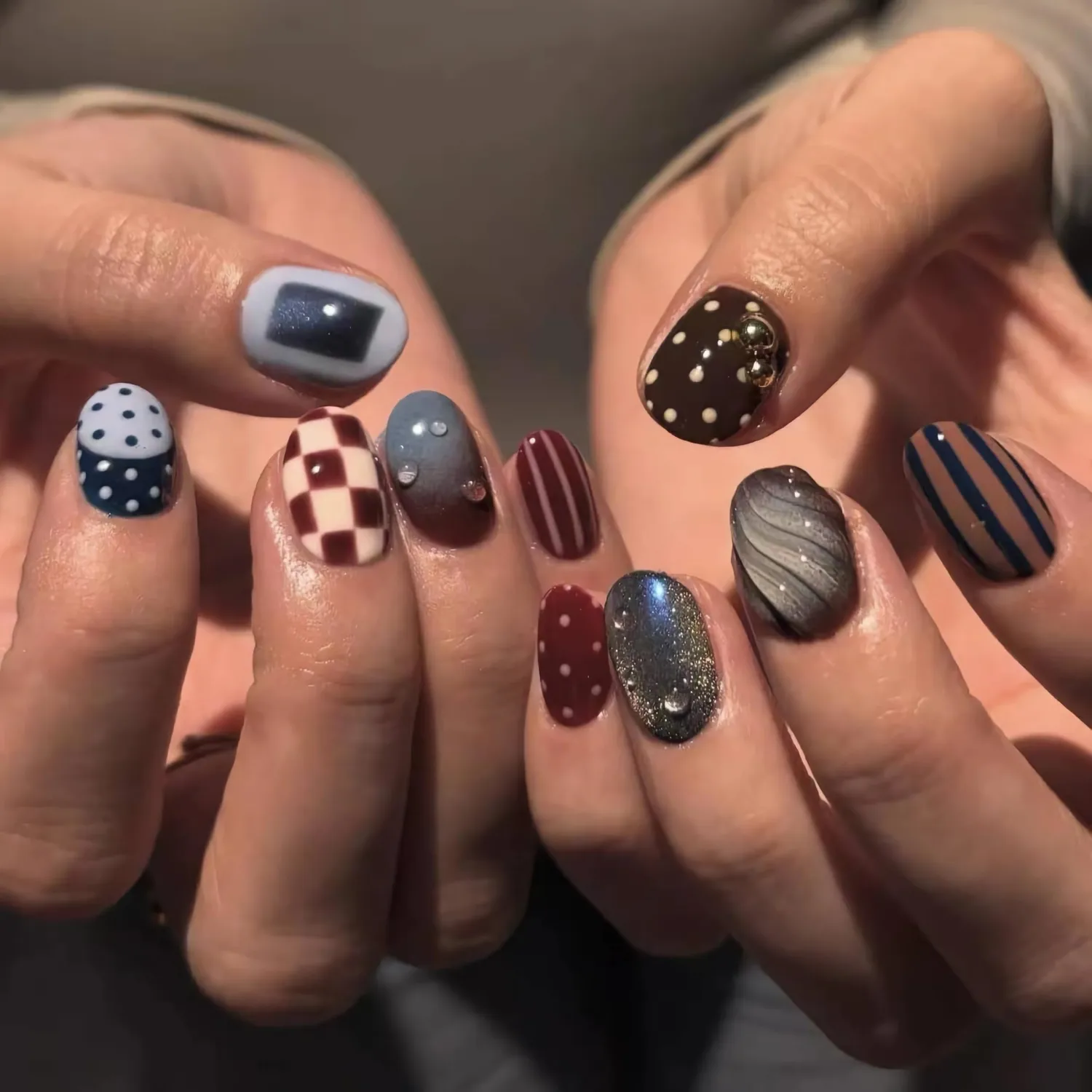 BABALAL Polka Dot Press on Nails Short Square Fake Nails - Brown Green Blue 3D Design, Cat Eye Bling, Y2k Anime Plaid Acrylic, 24Pcs False Nails