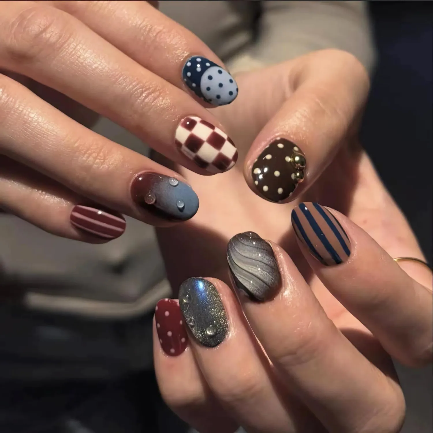 BABALAL Polka Dot Press on Nails Short Square Fake Nails - Brown Green Blue 3D Design, Cat Eye Bling, Y2k Anime Plaid Acrylic, 24Pcs False Nails