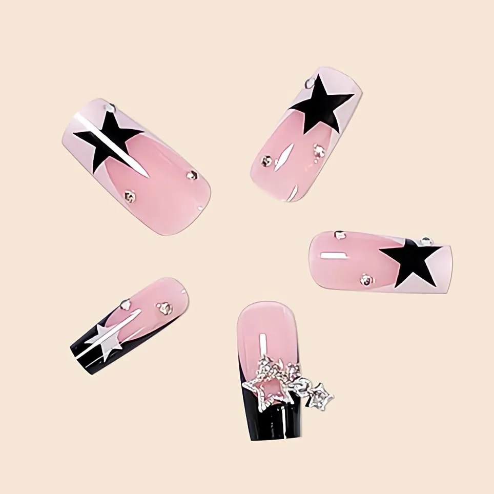 BABALAL French Tip Press on Nails Medium Square Fake Nails Black Pink Glue on 3d Star Charm 24Pcs Rhinestone Squoval Artificial Cute False Acrylic Nails for Women and Girls