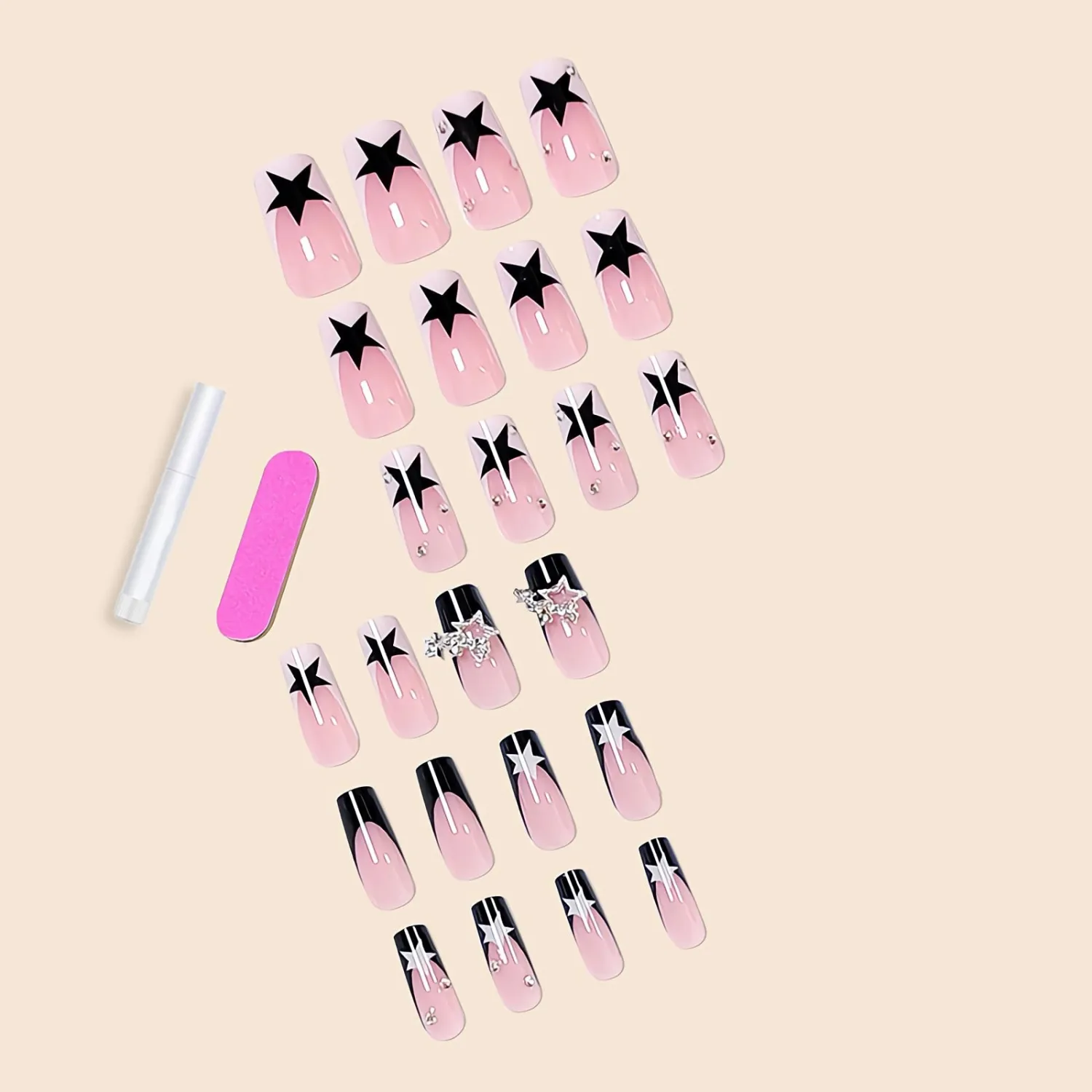 BABALAL French Tip Press on Nails Medium Square Fake Nails Black Pink Glue on 3d Star Charm 24Pcs Rhinestone Squoval Artificial Cute False Acrylic Nails for Women and Girls
