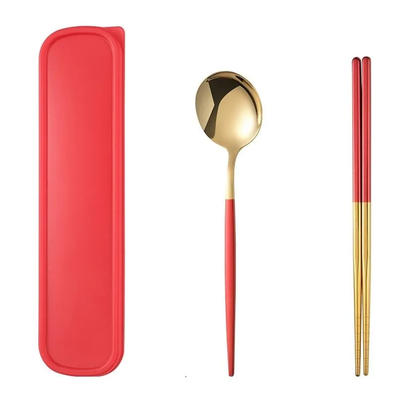 Flatware Silverware Set, 2/8/12/16/20/24 Pieces Stainless Steel Portable Tableware Portuguese Chopsticks Spoon Student Outdoor Storage Box Portable Tableware, Tableware Cutlery Set(Red Gold,2