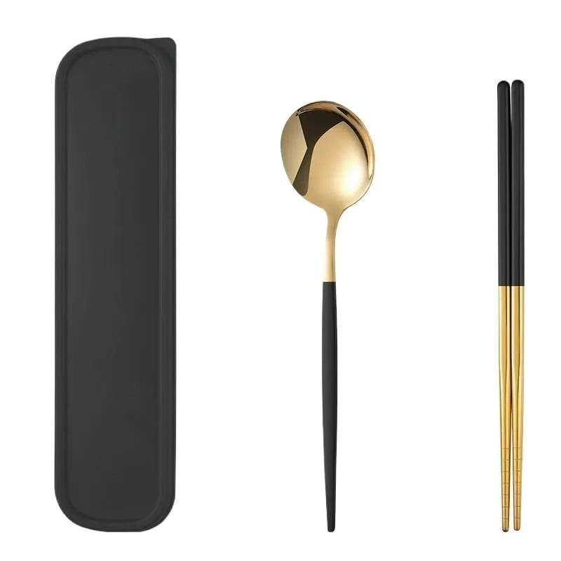 Silverware Set, 2/8/12/16/20/24 Pieces Stainless Steel Portable Tableware Portuguese Chopsticks Spoon Student Outdoor Storage Box Portable Tableware, Home Cutlery Flatware Set(Black Gold,2 P