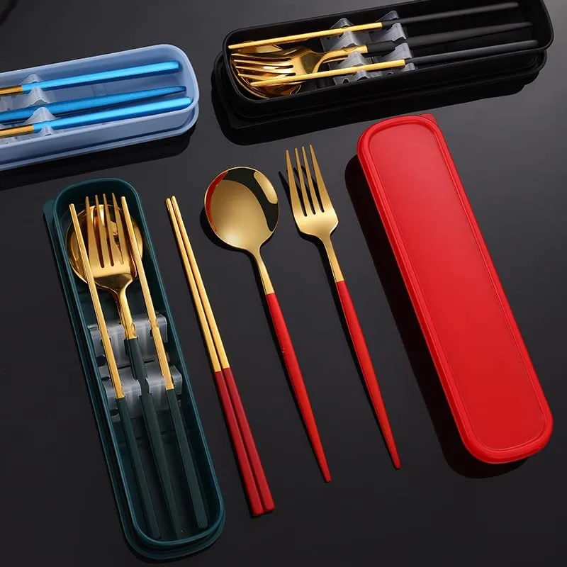 Silverware Set, 2/8/12/16/20/24 Pieces Stainless Steel Portable Tableware Portuguese Chopsticks Spoon Student Outdoor Storage Box Portable Tableware, Home Cutlery Flatware Set(Black Gold,2 P