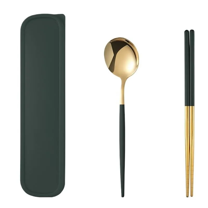 Silverware Set, 2/8/12/16/20/24 Pieces Stainless Steel Portable Tableware Portuguese Chopsticks Spoon Student Outdoor Storage Box Portable Tableware, Home Cutlery Flatware Set(Green Gold,2 P