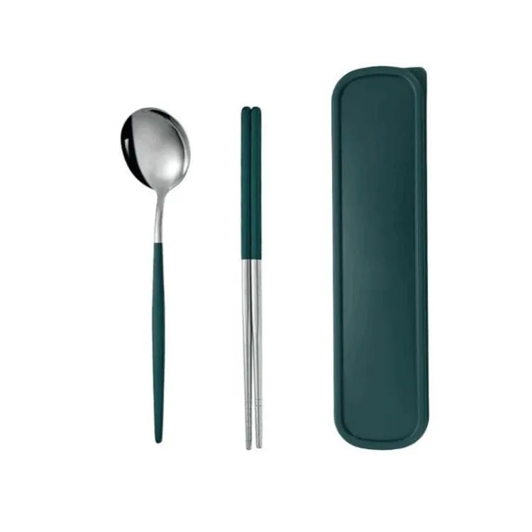 Silverware Set, 2/8/12/16/20/24 Pieces Stainless Steel Portable Tableware Portuguese Chopsticks Spoon Student Outdoor Storage Box Portable Tableware, Home Cutlery Flatware Set(Green Silver,2