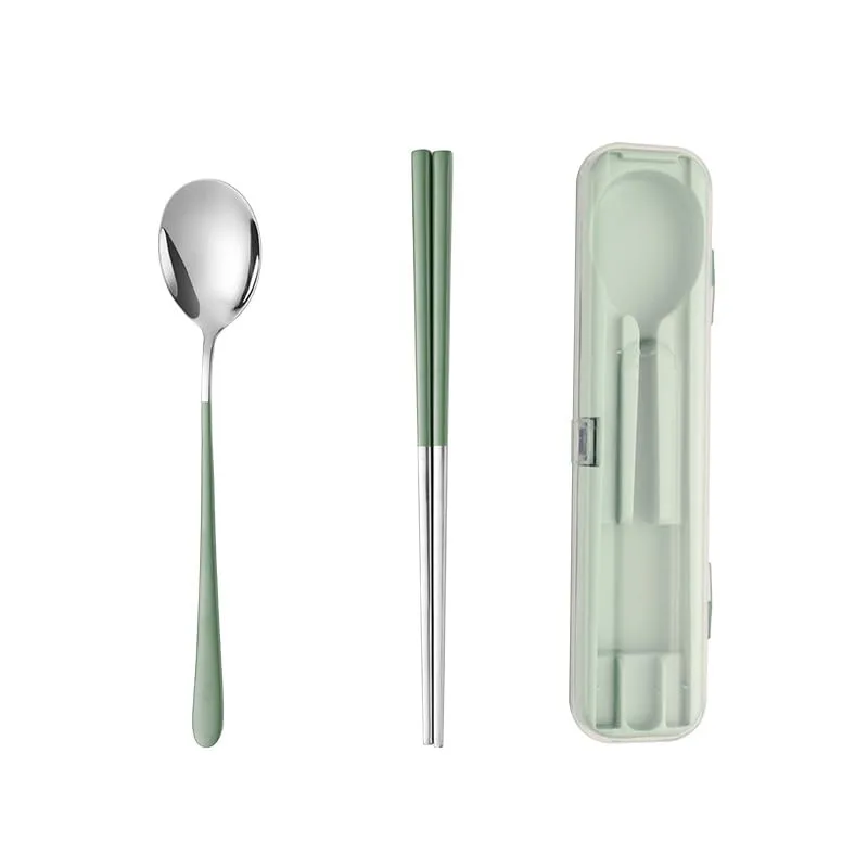 Silverware Flatware Cutlery Set, 2/8/12/16/20/24pcs 304 Stainless Steel Chopsticks Spoon Student Outdoor Storage Box Set Portable Tableware(Green,2 Pieces for 1)