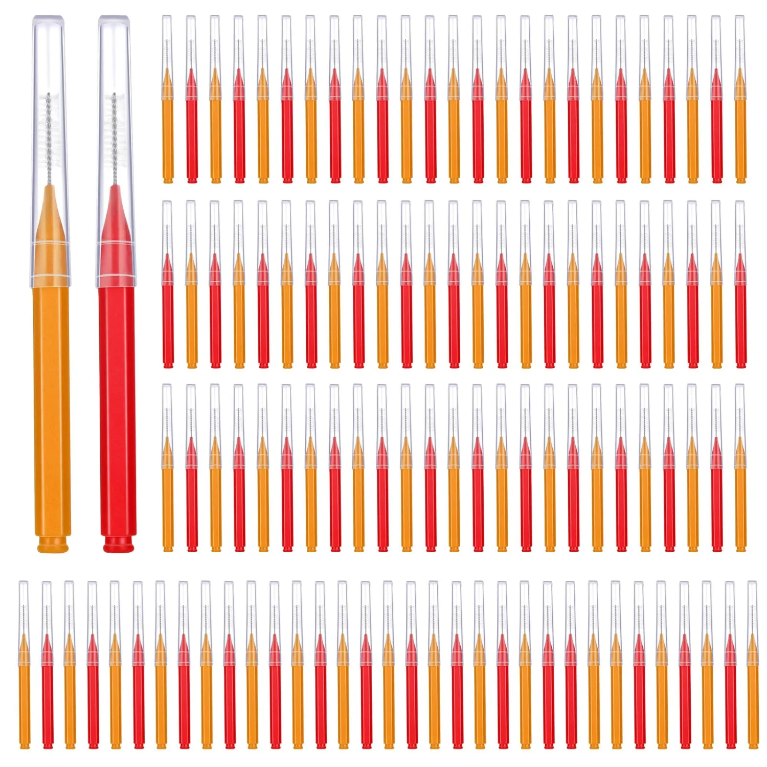 Patelai 100 Pieces Braces Dental Brush for Cleaner Interdental Toothpick Dental Tooth Flossing Head Oral Hygiene Flosser Toothpick Cleaners Tooth Tool(Orange,Red,Suitable Size)