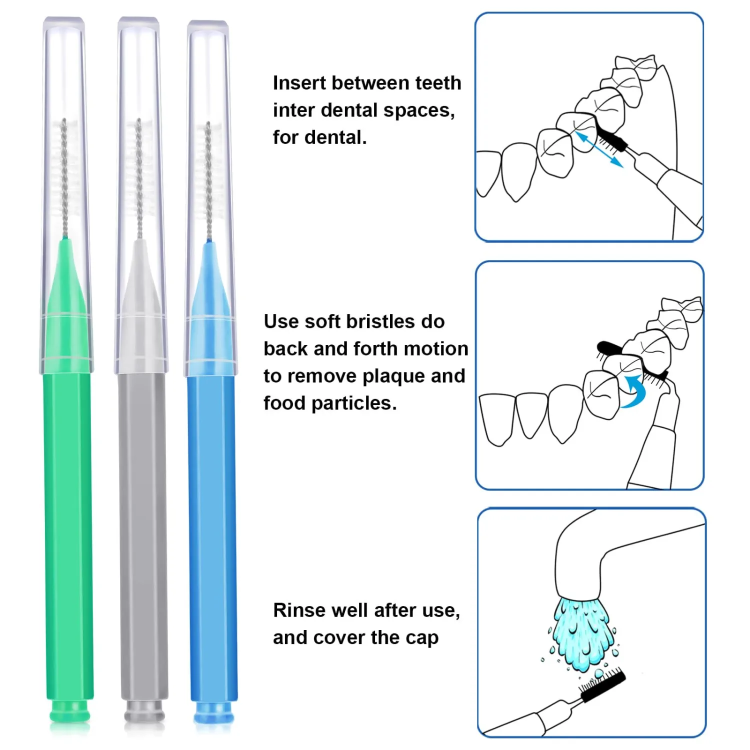 Patelai 100 Pieces Braces Brush for Cleaner Interdental Brush Toothpick Dental Tooth Flossing Head Oral Dental Hygiene Flosser Toothpick Cleaners Tooth Tool(Blue, Grey, Green,Various Sizes)