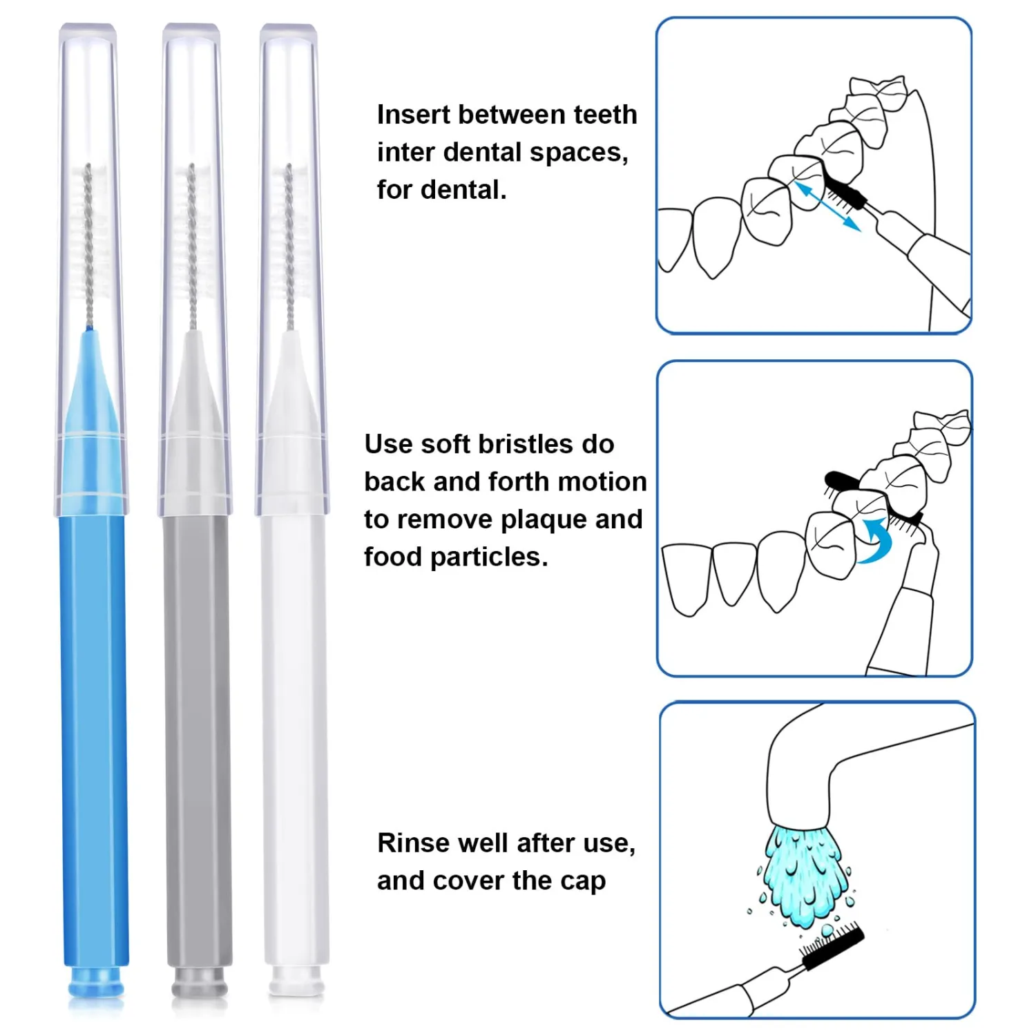 Patelai 100 Pieces Braces Brush for Cleaner Interdental Brush Toothpick Dental Tooth Flossing Head Oral Dental Hygiene Flosser Toothpick Cleaners Tooth Tool(Blue, Grey, White,Various Sizes)