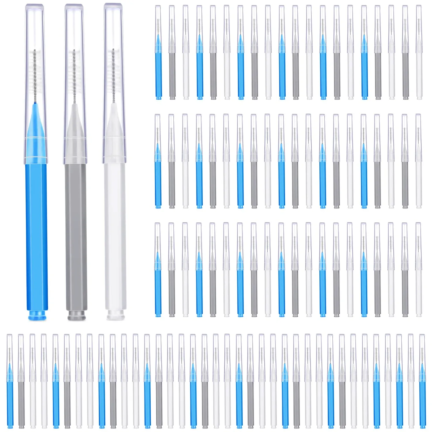 Patelai 100 Pieces Braces Brush for Cleaner Interdental Brush Toothpick Dental Tooth Flossing Head Oral Dental Hygiene Flosser Toothpick Cleaners Tooth Tool(Blue, Grey, White,Various Sizes)