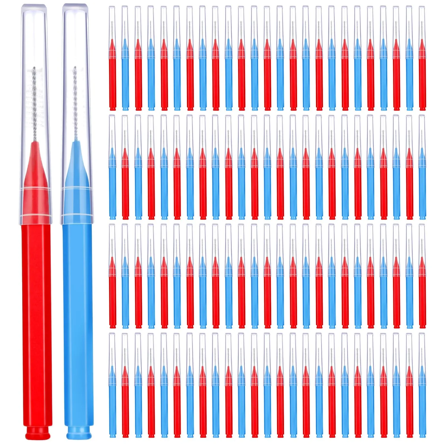 Patelai 100 Pieces Braces Brush for Cleaner Interdental Brush Toothpick Dental Tooth Flossing Head Oral Dental Hygiene Flosser Toothpick Cleaners Tooth Tool(Blue, Red,Suitable Size)