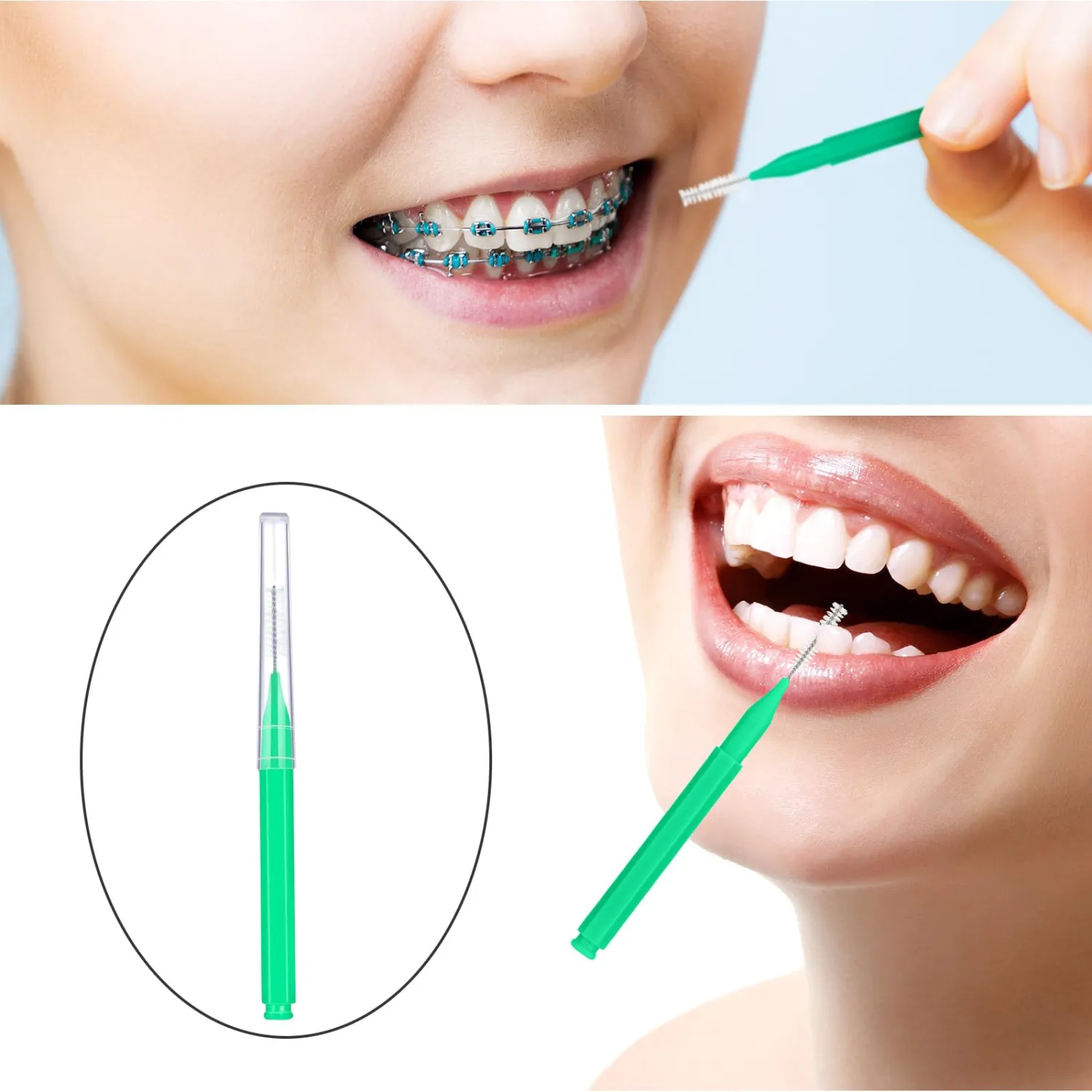 Patelai 100 Pieces Braces Brush for Cleaner Interdental Brush Toothpick Dental Tooth Flossing Head Oral Dental Hygiene Flosser Toothpick Cleaners Tooth Cleaning Tool (Green)