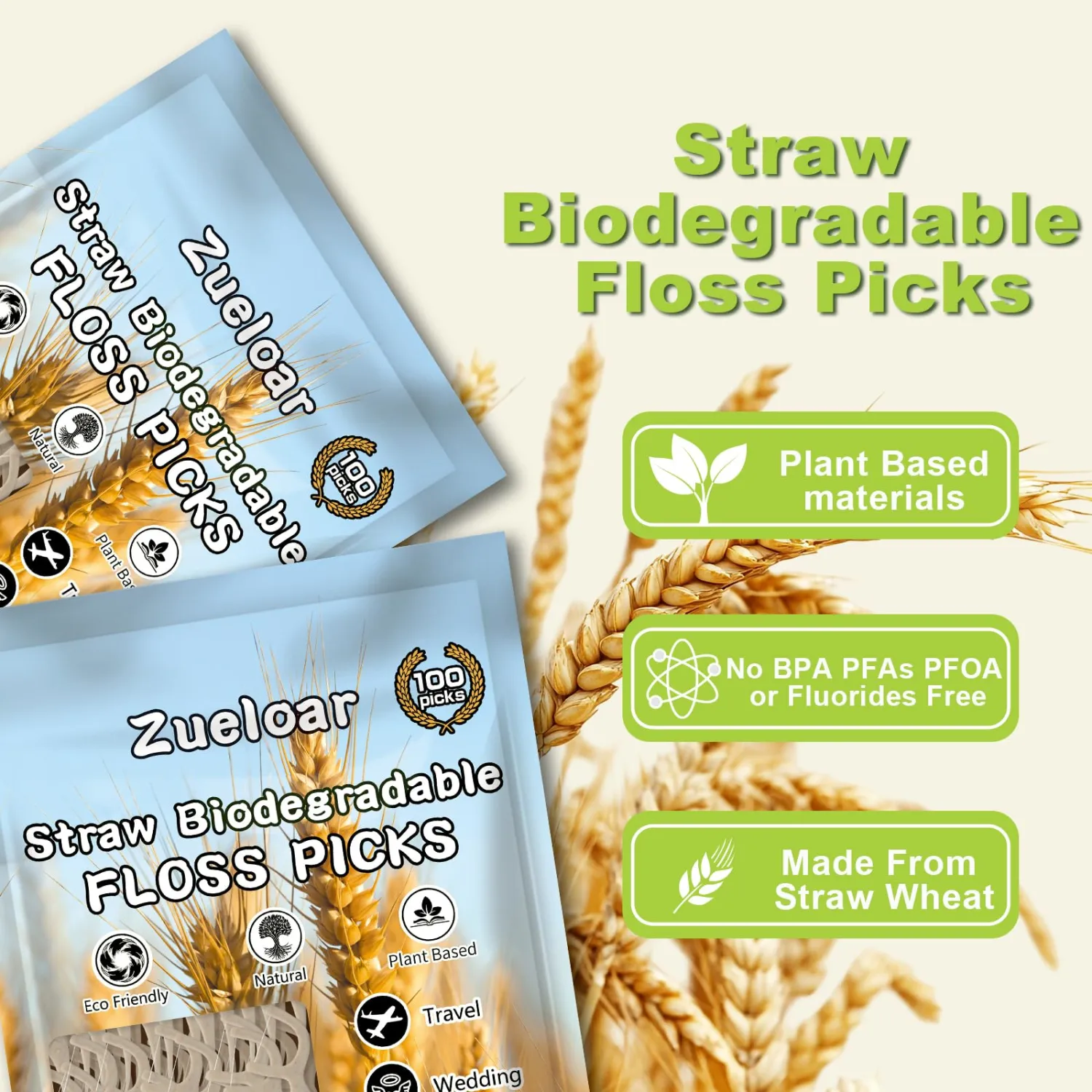 Straw Biodegradable Dental Floss Picks 300 Count,Zueloar Eco Friendly Natural Vegan Plant Based Floss Sticks,Tooth Flosser Clean for Adults Kids Oral Gum Care (300)