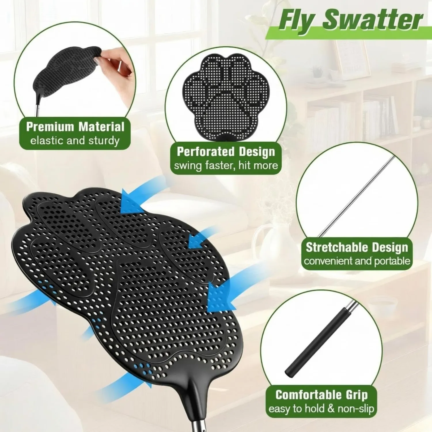 2 Pack Black Fly Swatter for Indoors with 10 Clear XL Window Fly Traps, Retractable Flyswatter with Stainless Steel Handle, Heavy Duty Flyswatter Manual for House, Kitchen and Outdoors