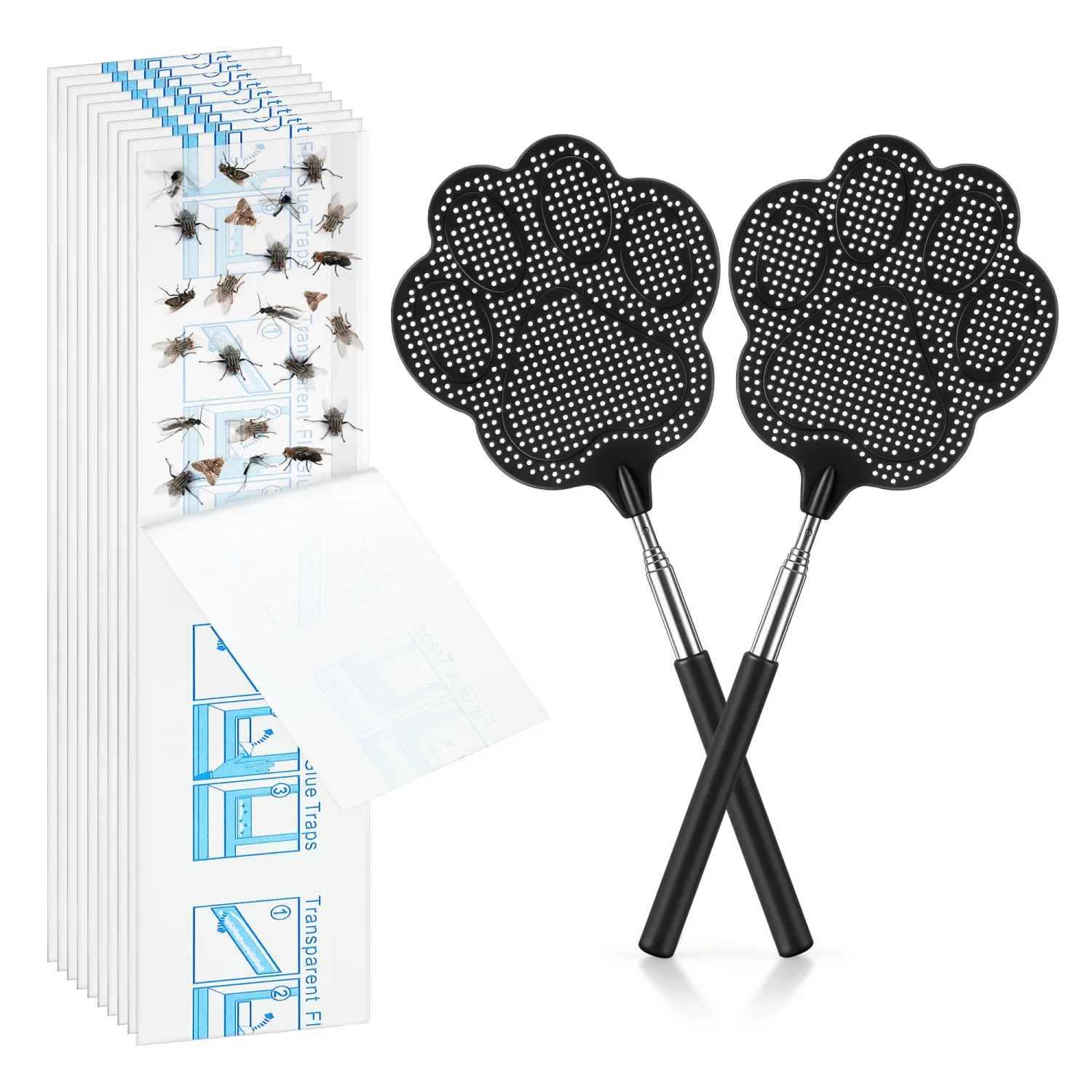 2 Pack Black Fly Swatter for Indoors with 10 Clear XL Window Fly Traps, Retractable Flyswatter with Stainless Steel Handle, Heavy Duty Flyswatter Manual for House, Kitchen and Outdoors