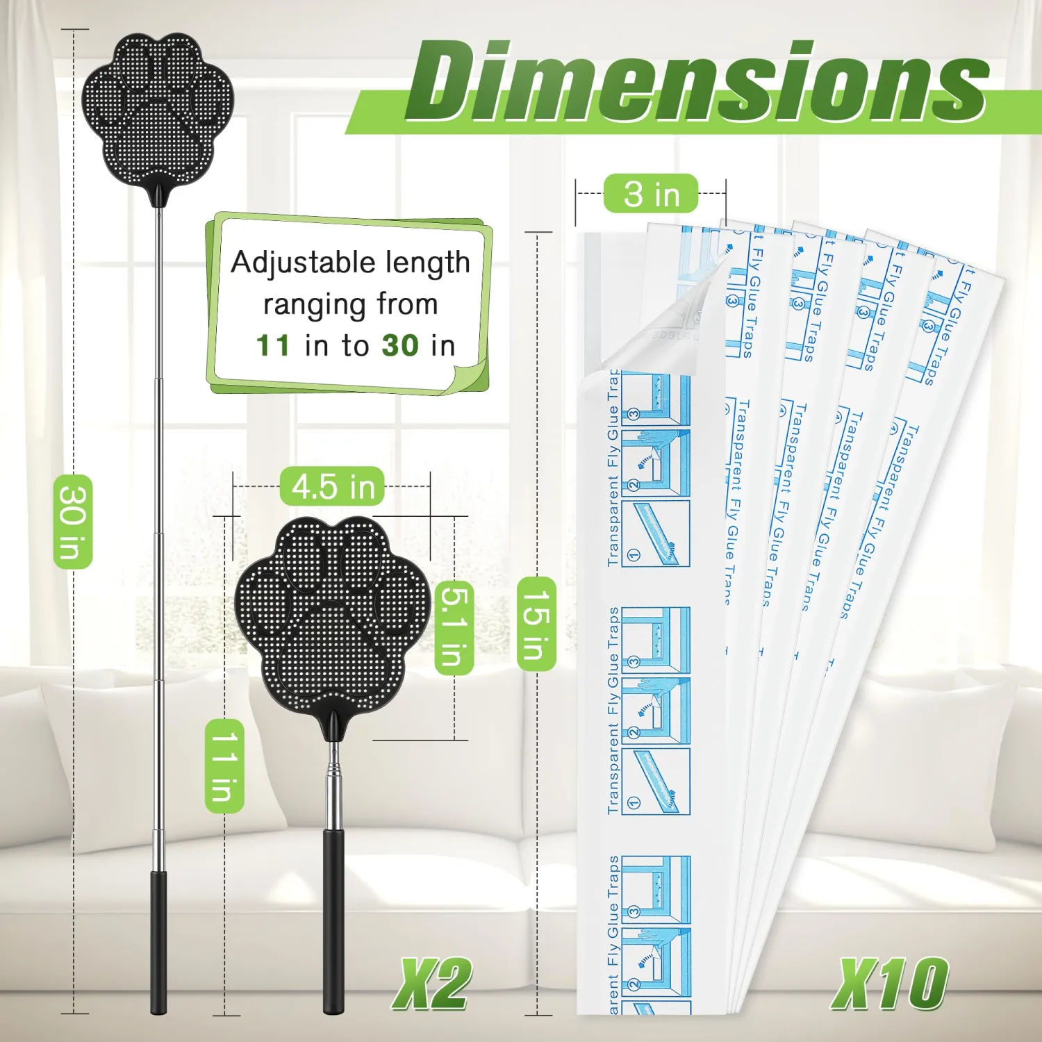 2 Pack Black Fly Swatter for Indoors with 10 Clear XL Window Fly Traps, Retractable Flyswatter with Stainless Steel Handle, Heavy Duty Flyswatter Manual for House, Kitchen and Outdoors