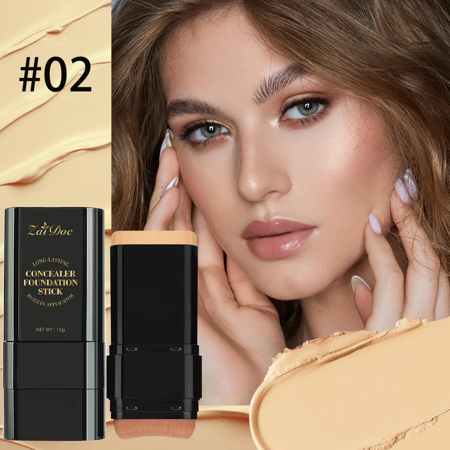 Concealer Foundation Stick, 2-in-1 Long-Lasting Foundation and Concealer with Brush, Creamy Full Coverage for Dark Circles & Blemishes, Hydrating Olive & Camellia, 2.09 Oz (02#)