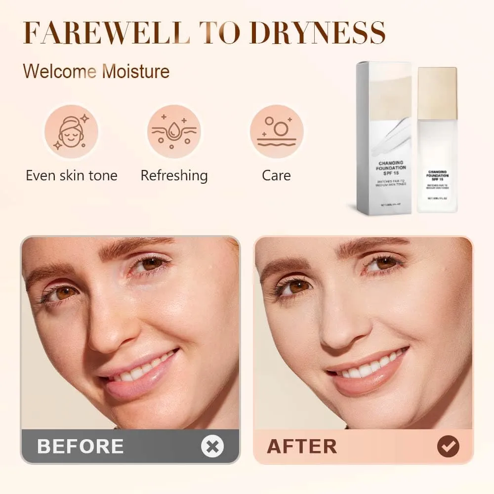 Color Changing Foundation for Mature Skin, 2026 New 2-in-1 Hydrating and Lightweight Liquid Foundations, Skin Changing Foundation Makeup CC Concealer, Tone Suitable for All Skin Types (1Pcs)