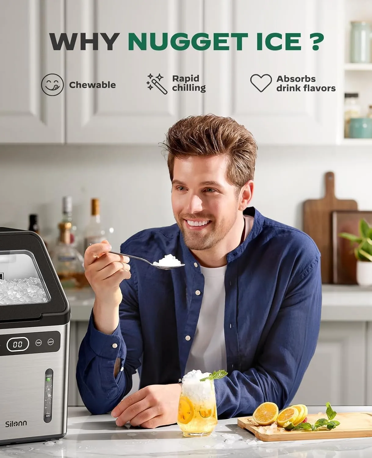 Silonn Nugget Ice Maker Countertop - 44lbs/Day Soft Chewable Pebble Ice, Self-Cleaning One-Click Operation, Stainless Steel