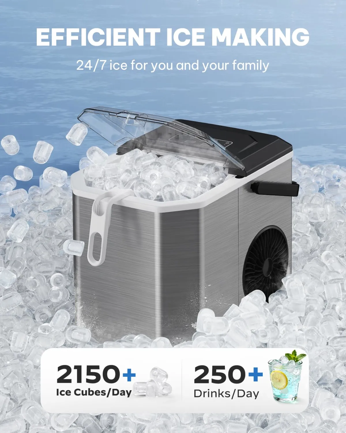 Silonn Ice Maker Countertop, Stainless Steel Portable Ice Machine with Carry Handle, Self-Cleaning Ice Makers with Basket and Scoop, 9 Cubes in 6 Mins, 26 lbs per Day