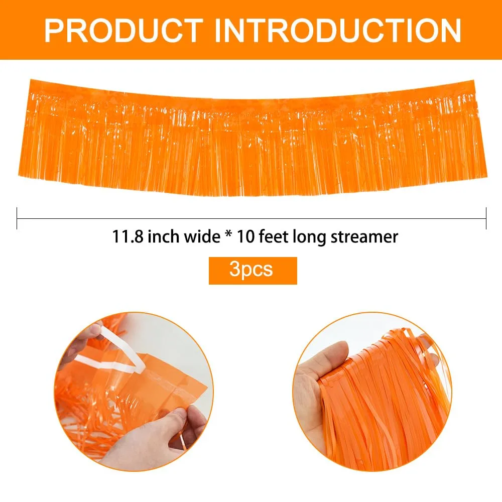 BEISHIDA 3 Packs Metallic Foil Fringe Garland Orange Wall Hanging Tinsel Fringe Banners for Halloween Car Floats Bridal Shower Wedding Birthday Easter Graduation Holiday Party Decoration(30 Feet)