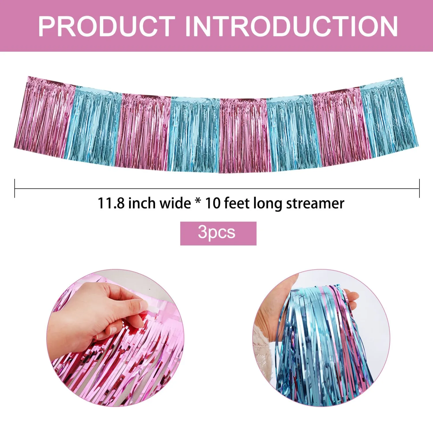 BEISHIDA 3 Packs Metallic Foil Fringe Garland Pink Light Blue Wall Hanging Tinsel Fringe Banners for Car Floats Bridal Shower Wedding Birthday Graduation Holiday Party Decoration(30 Feet)