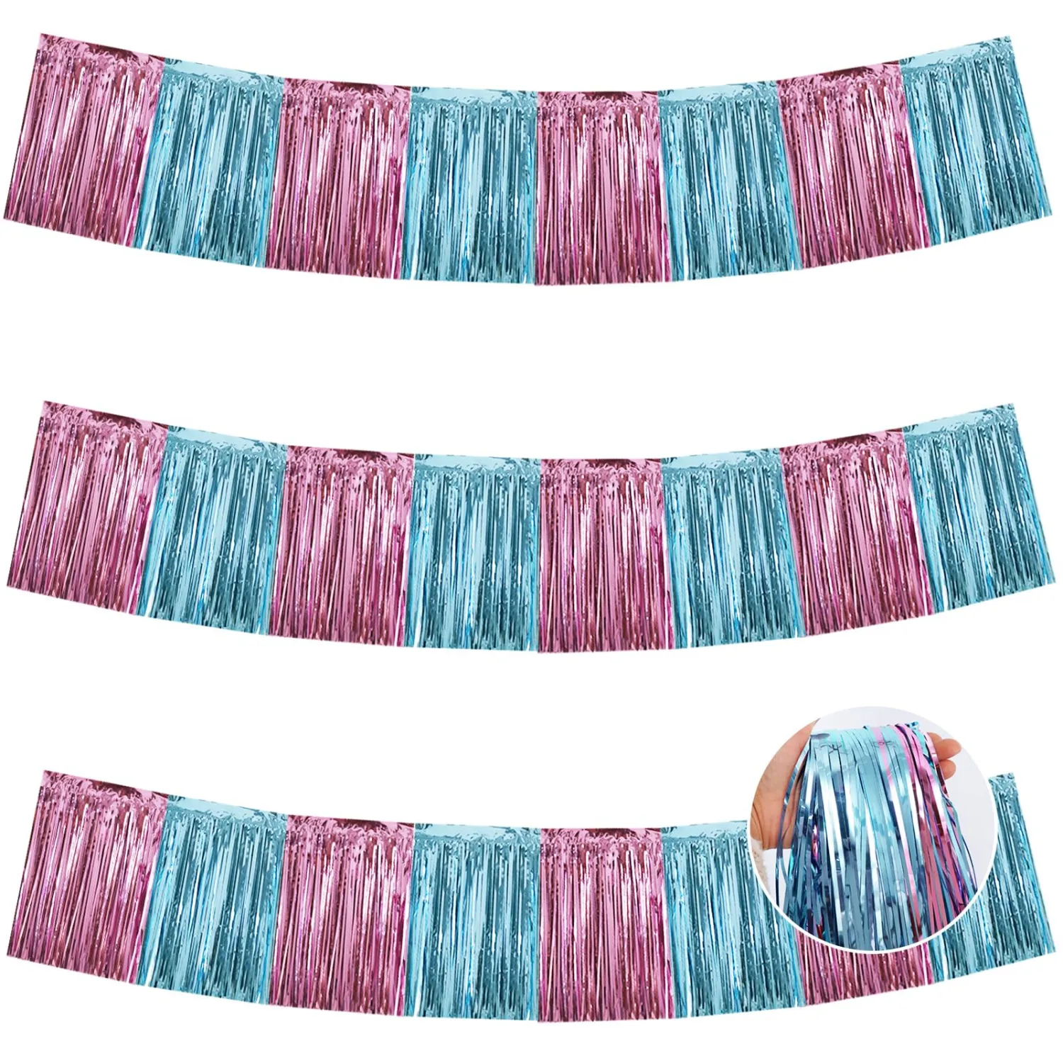 BEISHIDA 3 Packs Metallic Foil Fringe Garland Pink Light Blue Wall Hanging Tinsel Fringe Banners for Car Floats Bridal Shower Wedding Birthday Graduation Holiday Party Decoration(30 Feet)