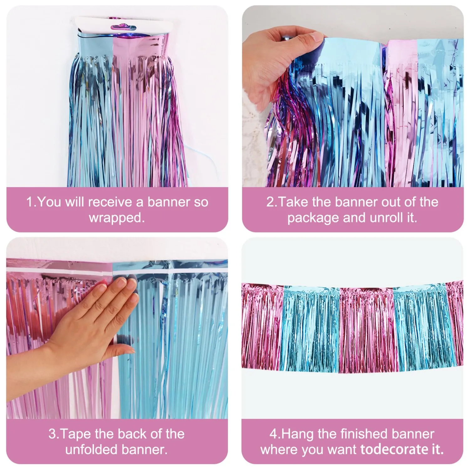BEISHIDA 3 Packs Metallic Foil Fringe Garland Pink Light Blue Wall Hanging Tinsel Fringe Banners for Car Floats Bridal Shower Wedding Birthday Graduation Holiday Party Decoration(30 Feet)