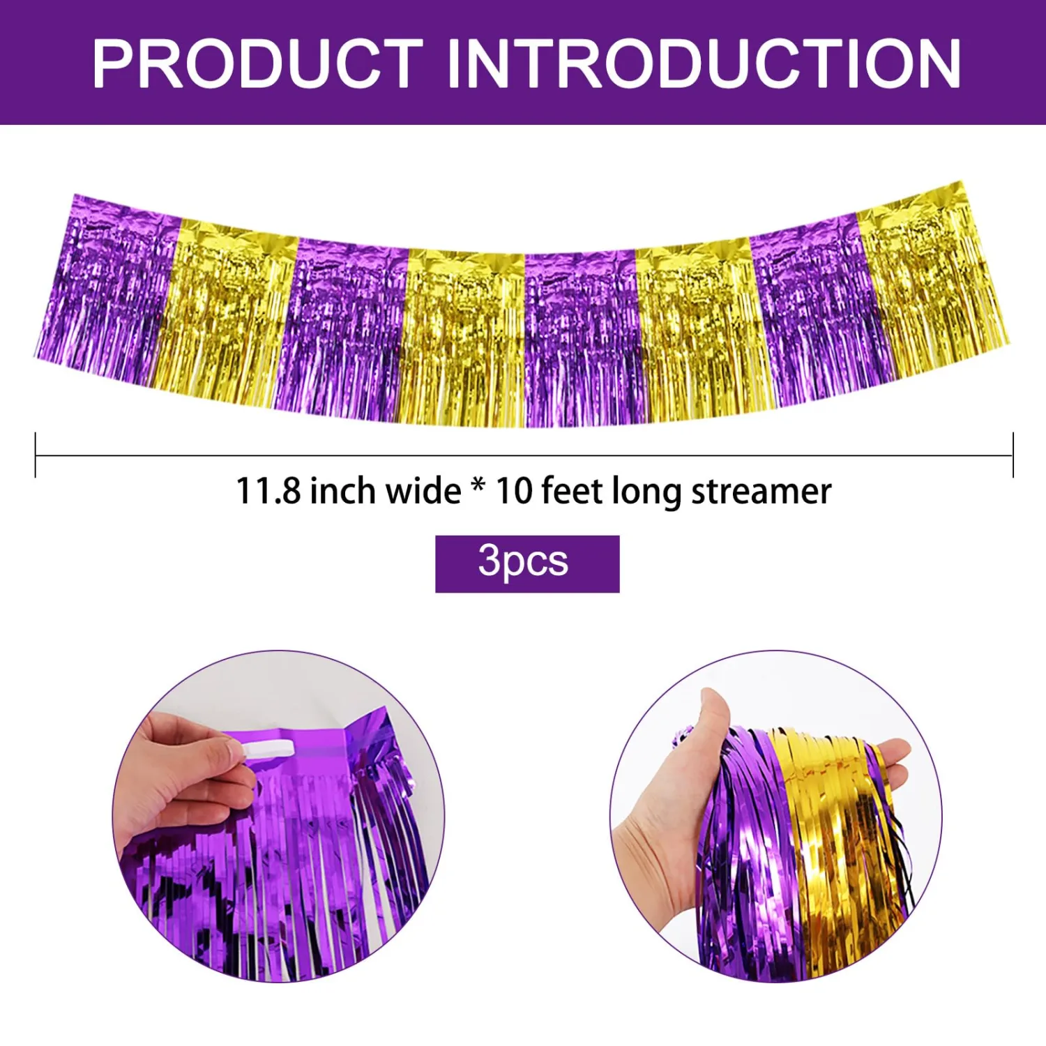 BEISHIDA 3 Packs Metallic Foil Fringe Garland Purple Gold Wall Hanging Tinsel Fringe Banners for Car Floats Bridal Shower Wedding Birthday Graduation Holiday Party Decoration(30 Feet)