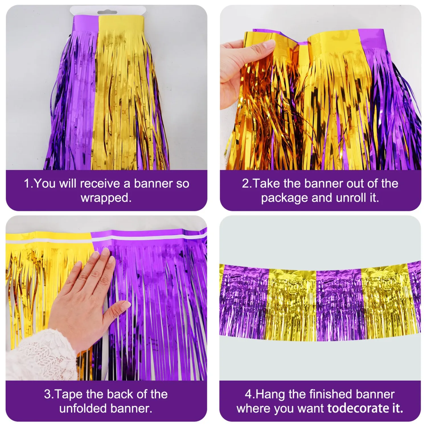 BEISHIDA 3 Packs Metallic Foil Fringe Garland Purple Gold Wall Hanging Tinsel Fringe Banners for Car Floats Bridal Shower Wedding Birthday Graduation Holiday Party Decoration(30 Feet)