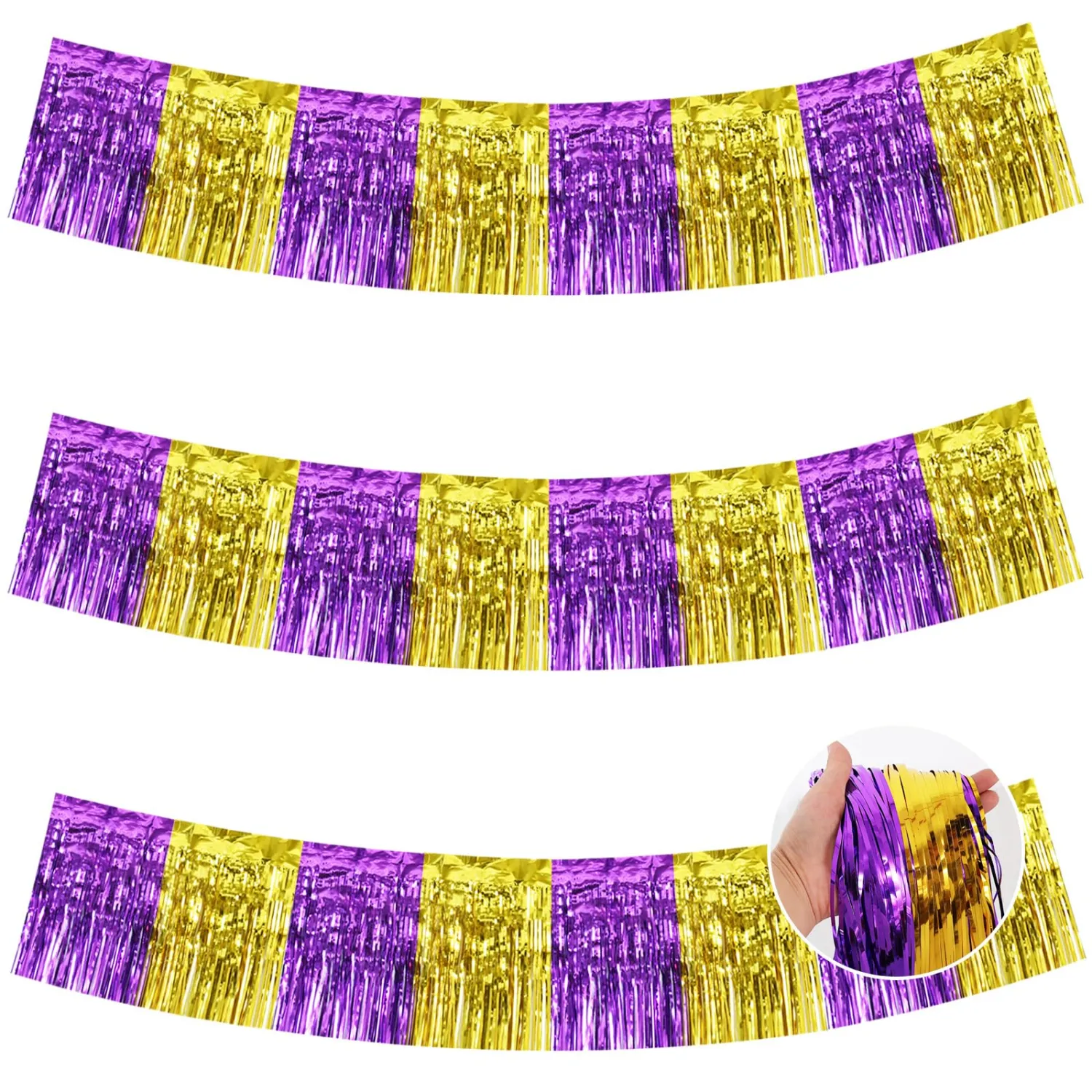 BEISHIDA 3 Packs Metallic Foil Fringe Garland Purple Gold Wall Hanging Tinsel Fringe Banners for Car Floats Bridal Shower Wedding Birthday Graduation Holiday Party Decoration(30 Feet)