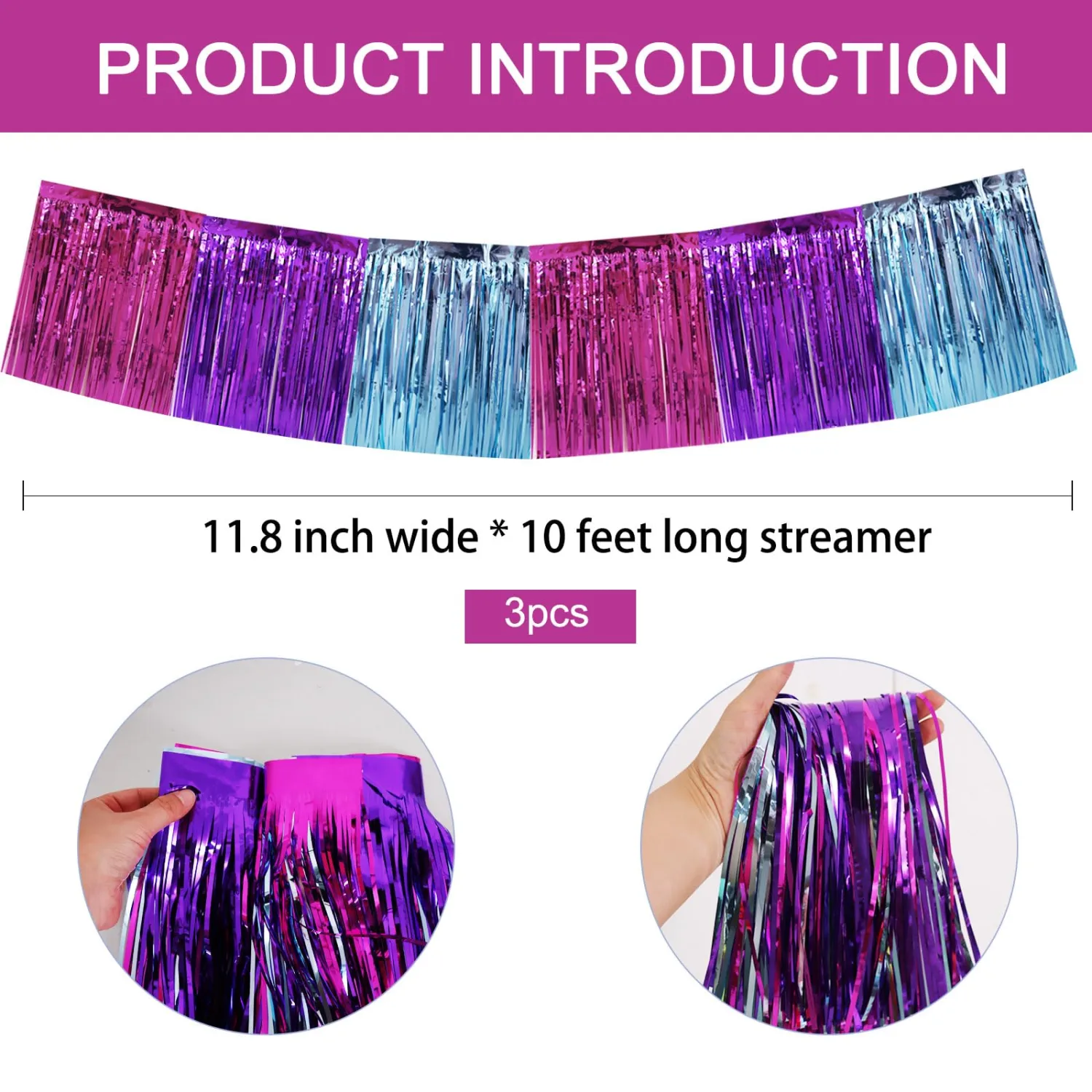BEISHIDA 3 Packs Metallic Foil Fringe Garland Blue Purple Pink Wall Hanging Tinsel Fringe Banners for Car Floats Bridal Shower Wedding Birthday Easter Graduation Holiday Party Decoration(30 Feet)